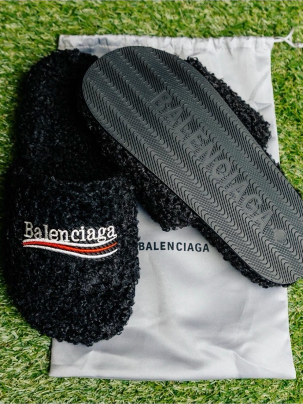Balenciaga Black Fuzzy Slide Slippers with Embroidered Logo and Red-White Accent